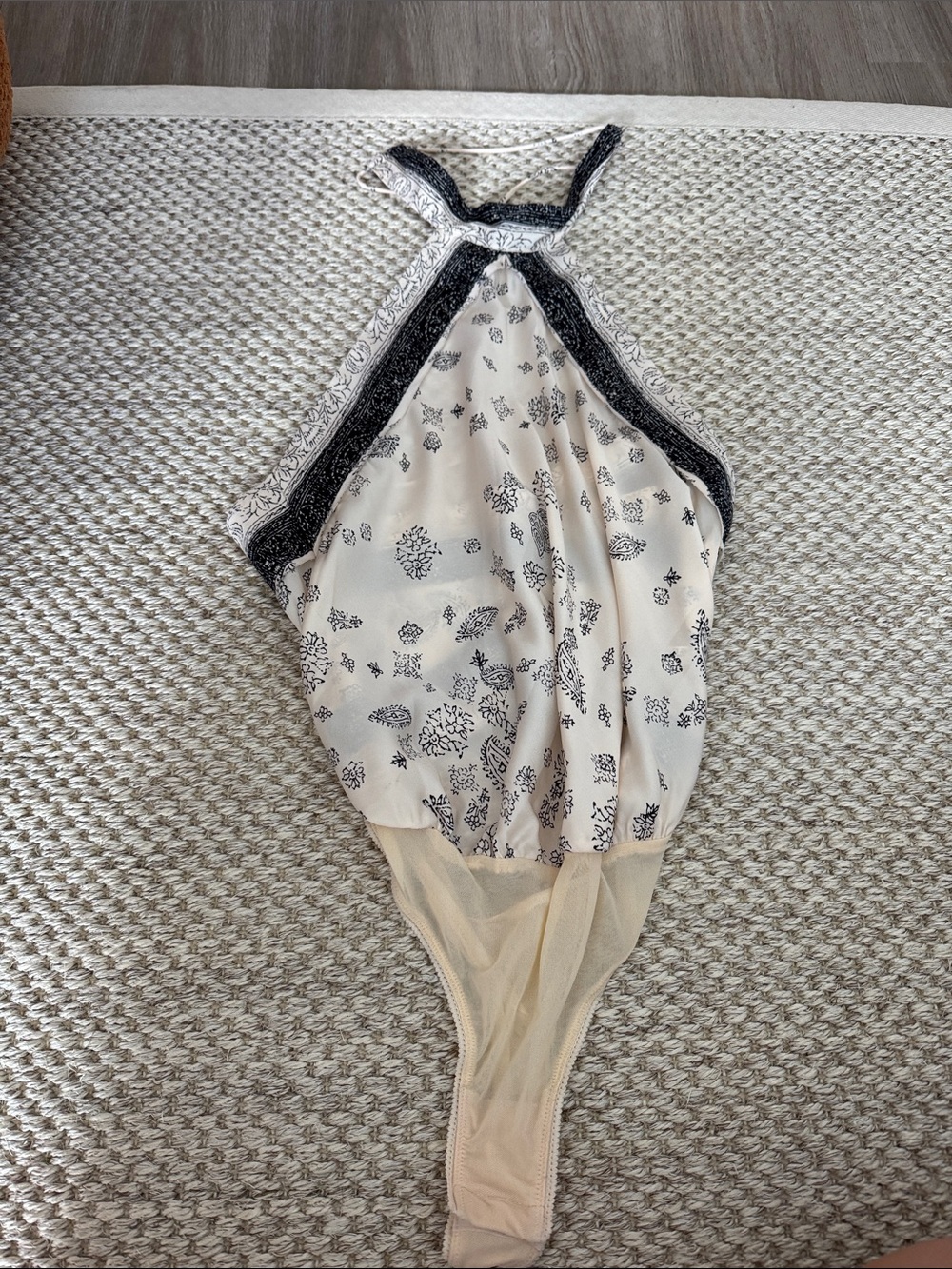 Free People Cream and Black Floral Halter Bodysuit